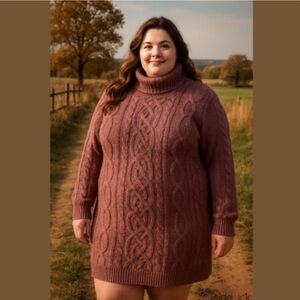 Cable Knit Turtleneck Sweater - Pink